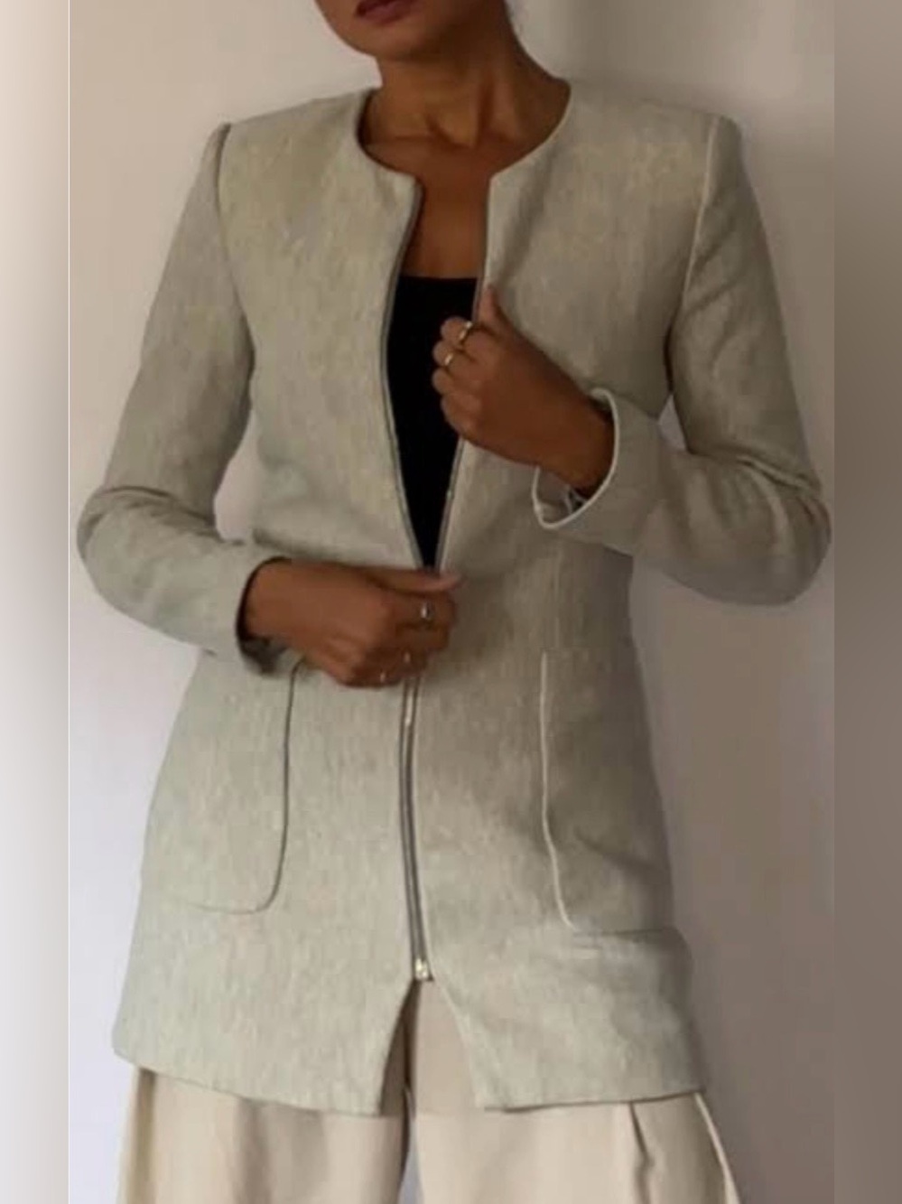 Zara collarless zip-front long coat with herringbone texture - Size Medium